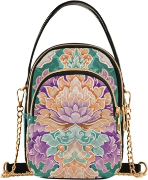 Crossbody Handbags Sling Bags Symmetrical Gorgeous Flowers Phone Bag for Women Cross Body Purse Fanny Pack with Leather Handheld and Golden Chain for Traveling Daily