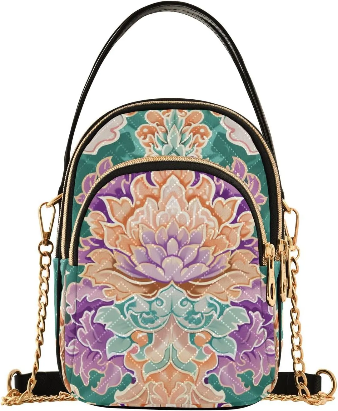 Crossbody Handbags Sling Bags Symmetrical Gorgeous Flowers Phone Bag for Women Cross Body Purse Fanny Pack with Leather Handheld and Golden Chain for Traveling Daily