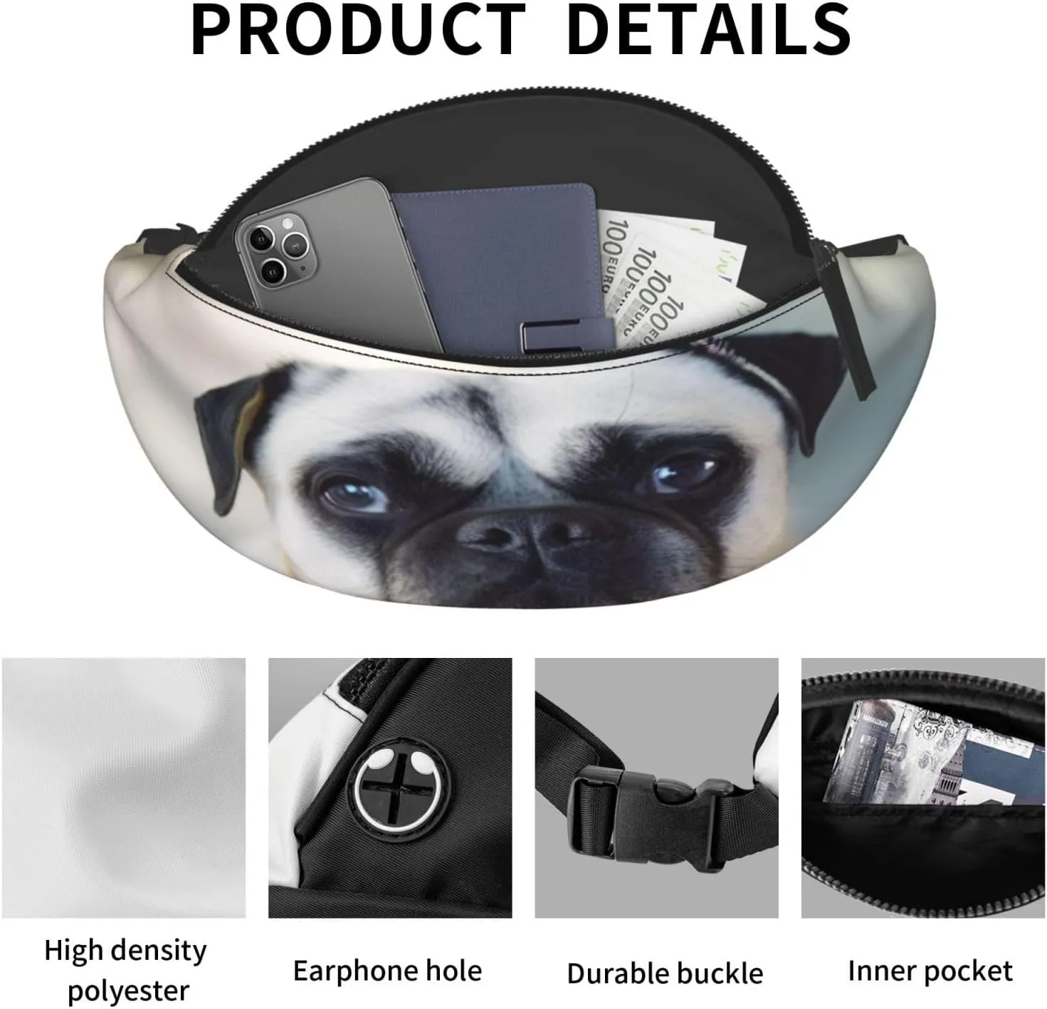 Cry Pug Bum Bag Waist Fanny Pack - Large Fashion Bumbag For Women Men, Secure Zip Pockets Adjustable Waist Bags For Travel Party Sports Running Hiking Daily Use