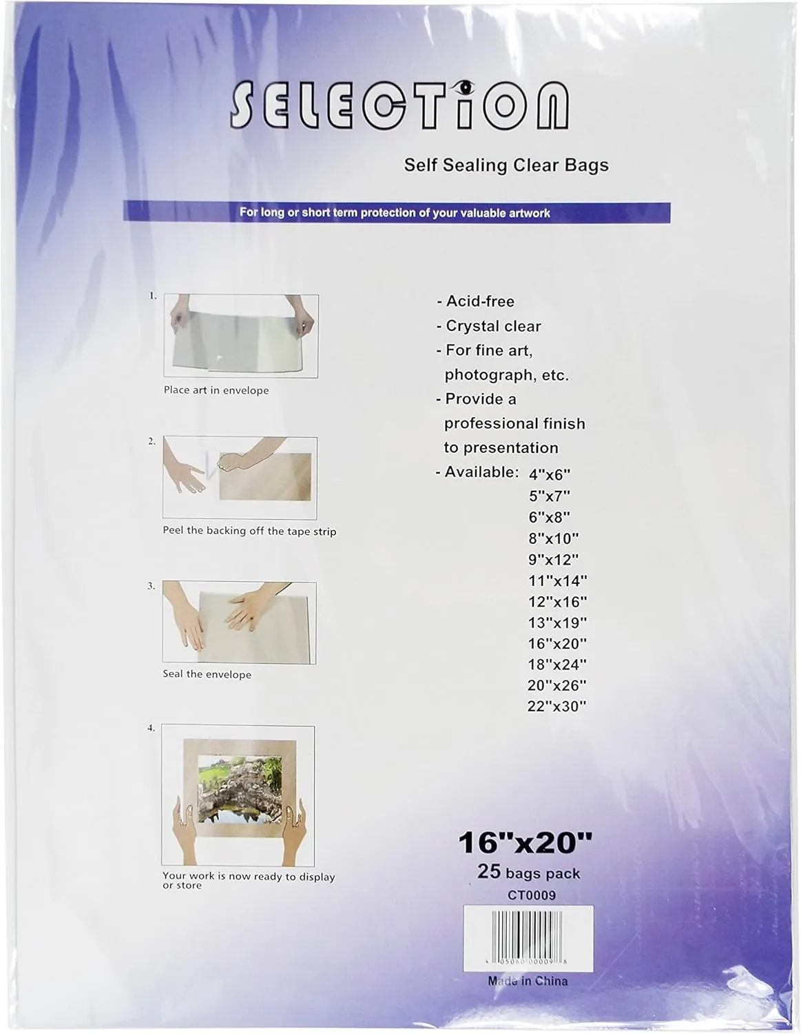 Crystal Clear Sleeves Storage Bags for Photos, Art, Paintings, Pictures, and More- Archival Acid-Free - Seal Top - Cellophane - Pack of 25 (16" x 20" - Pack of 25 Bags)