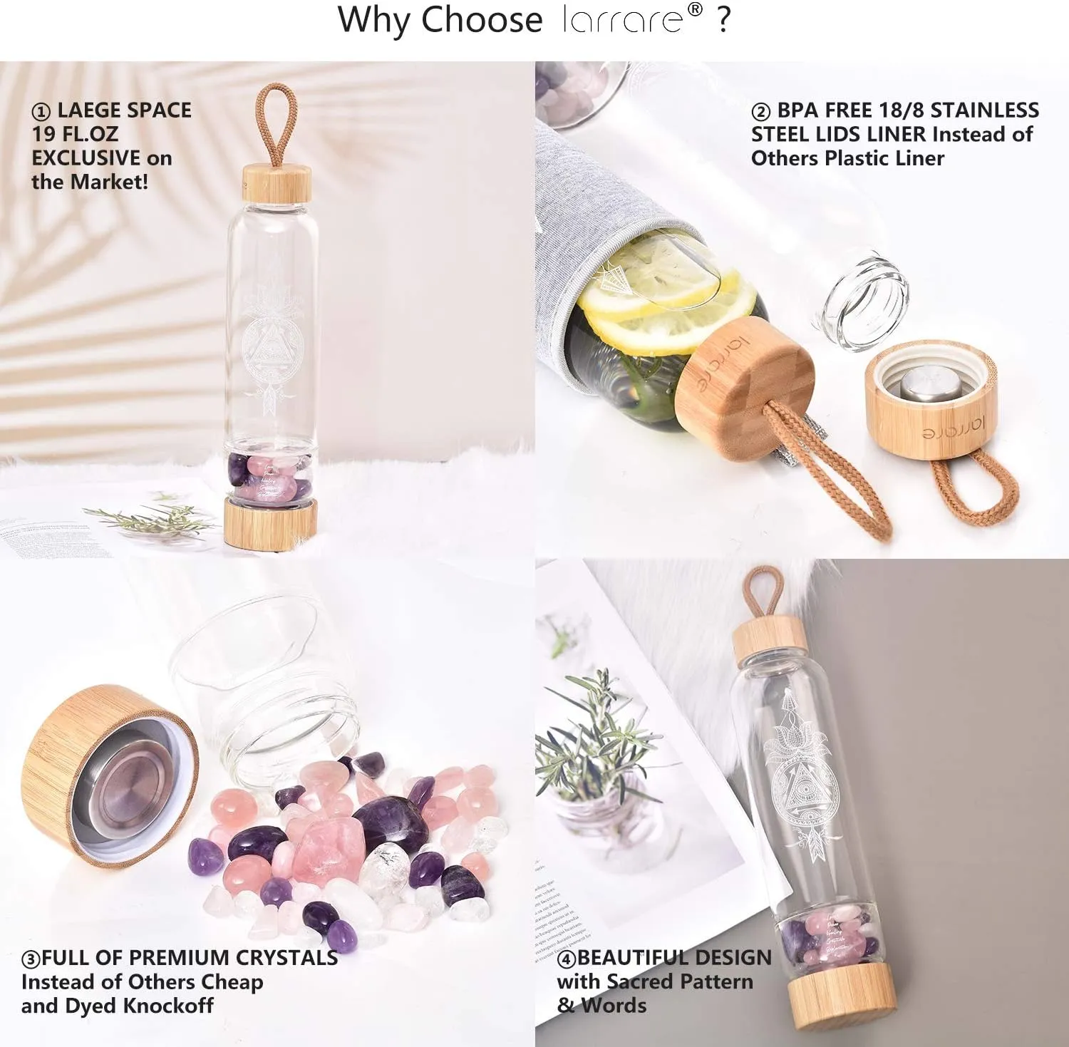 Crystal Water Bottles 19oz Large Crystal Elixir Infused Water Bottle with Changeable Crystals | Gem Water Bottle with Sacred Pattern and Words (Amethyst, Rose Quartz, Clear Quartz)