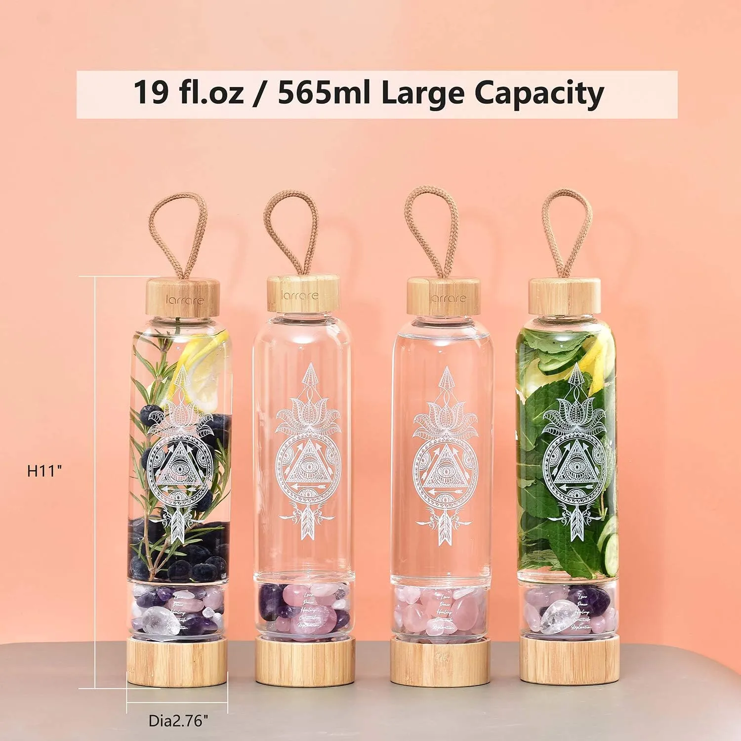 Crystal Water Bottles 19oz Large Crystal Elixir Infused Water Bottle with Changeable Crystals | Gem Water Bottle with Sacred Pattern and Words (Amethyst, Rose Quartz, Clear Quartz)