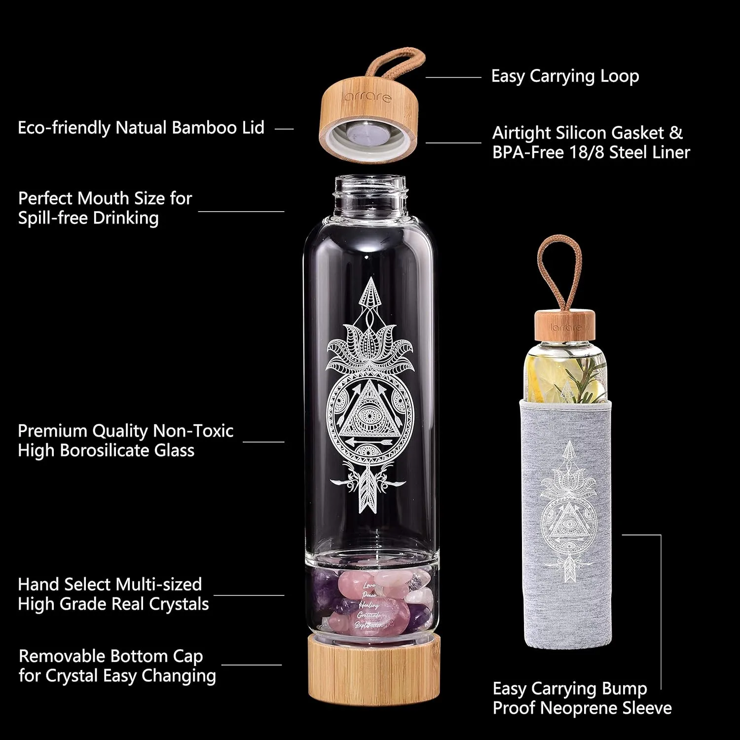 Crystal Water Bottles 19oz Large Crystal Elixir Infused Water Bottle with Changeable Crystals | Gem Water Bottle with Sacred Pattern and Words (Amethyst, Rose Quartz, Clear Quartz)
