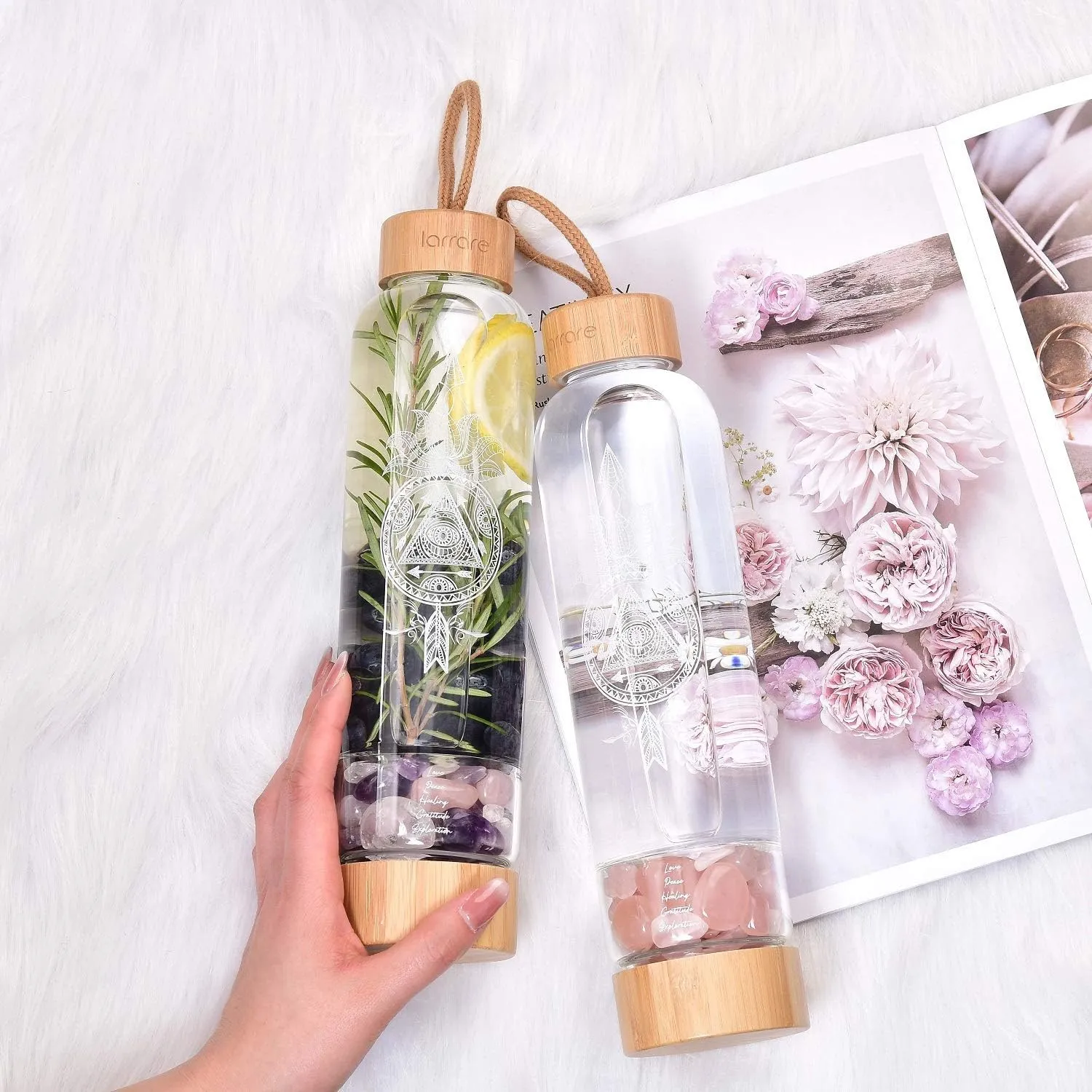 Crystal Water Bottles 19oz Large Crystal Elixir Infused Water Bottle with Changeable Crystals | Gem Water Bottle with Sacred Pattern and Words (Amethyst, Rose Quartz, Clear Quartz)