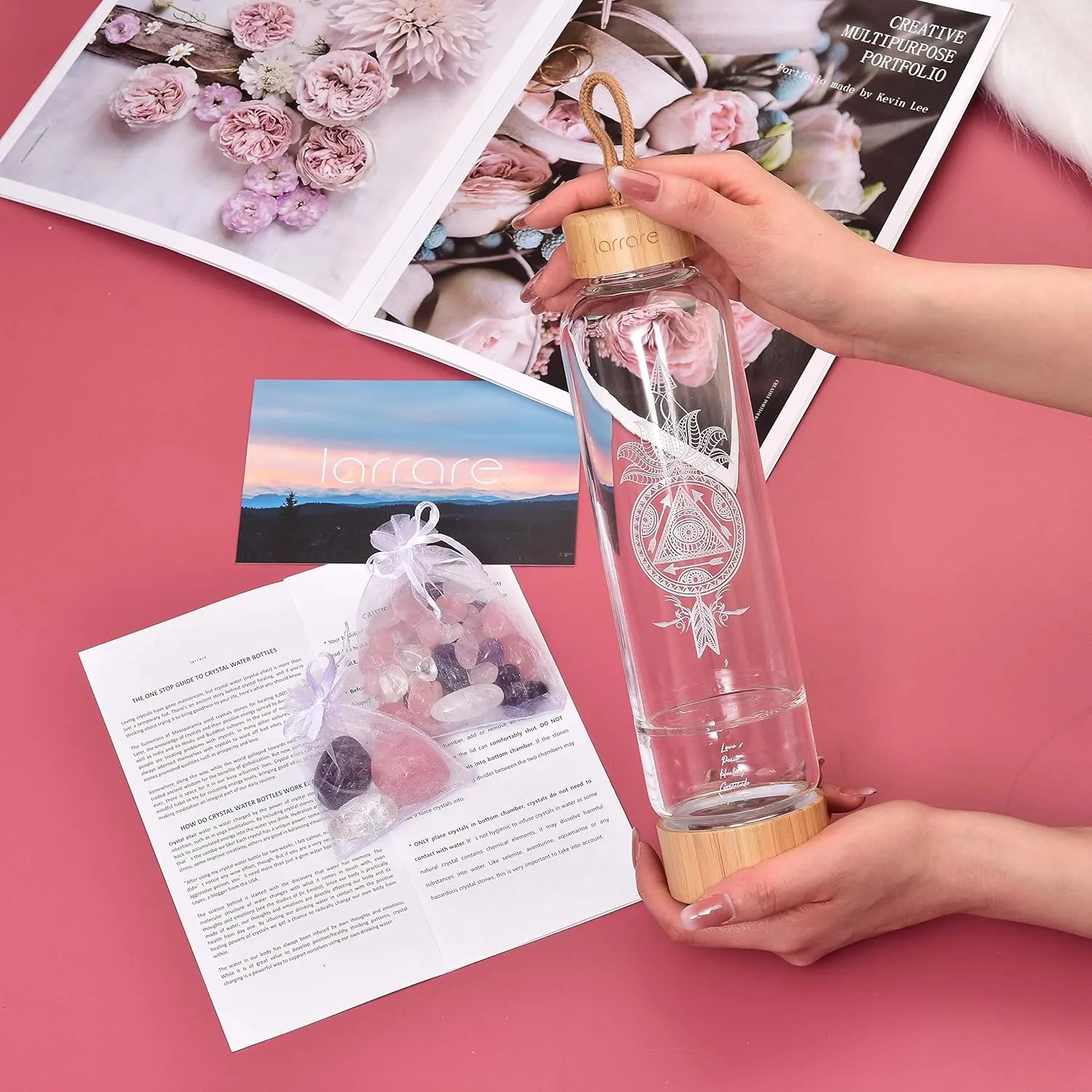 Crystal Water Bottles 19oz Large Crystal Elixir Infused Water Bottle with Changeable Crystals | Gem Water Bottle with Sacred Pattern and Words (Amethyst, Rose Quartz, Clear Quartz)