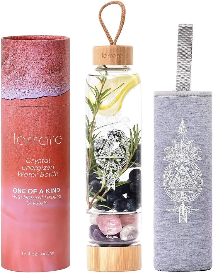 Crystal Water Bottles 19oz Large Crystal Elixir Infused Water Bottle with Changeable Crystals | Gem Water Bottle with Sacred Pattern and Words (Amethyst, Rose Quartz, Clear Quartz)