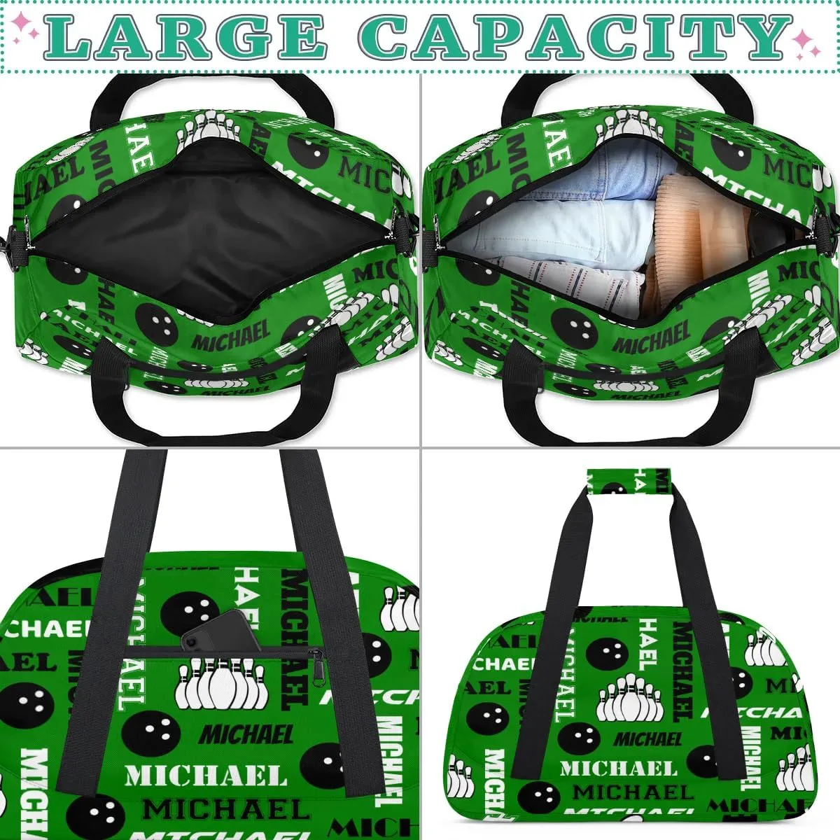 Custom Bowling Gym Bag Duffel Bag with Name, Personalized Sport Bag Overnight Bags Customized Travel Weekender Bag for Women Men, Dark Green