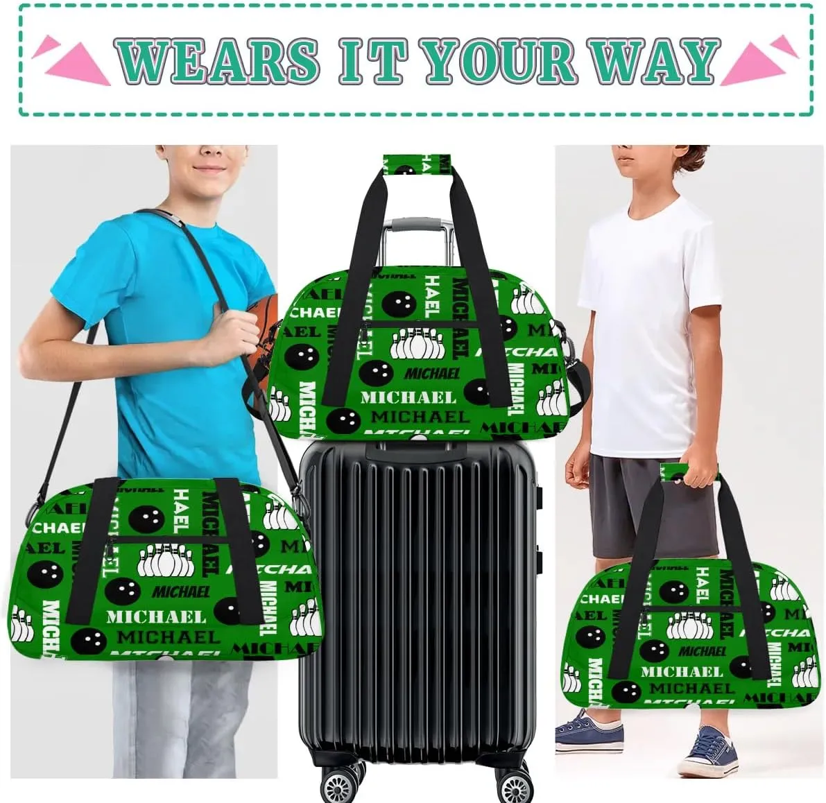 Custom Bowling Gym Bag Duffel Bag with Name, Personalized Sport Bag Overnight Bags Customized Travel Weekender Bag for Women Men, Dark Green