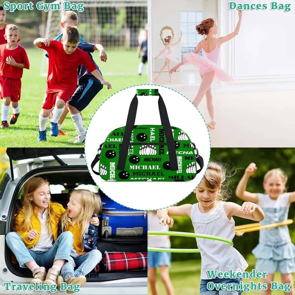 Custom Bowling Gym Bag Duffel Bag with Name, Personalized Sport Bag Overnight Bags Customized Travel Weekender Bag for Women Men, Dark Green