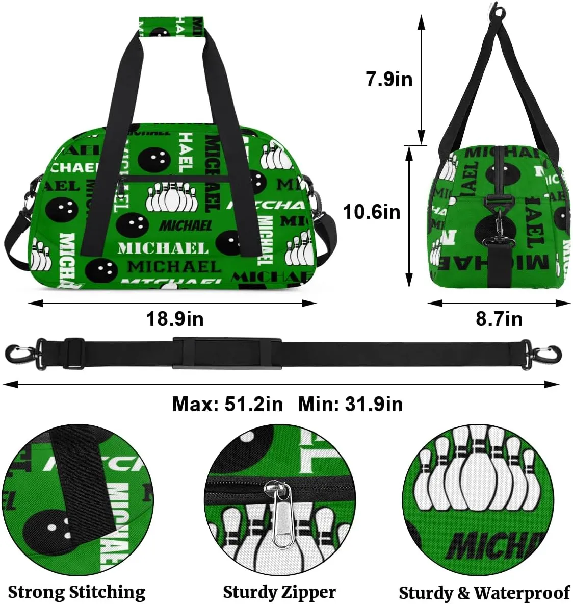 Custom Bowling Gym Bag Duffel Bag with Name, Personalized Sport Bag Overnight Bags Customized Travel Weekender Bag for Women Men, Dark Green