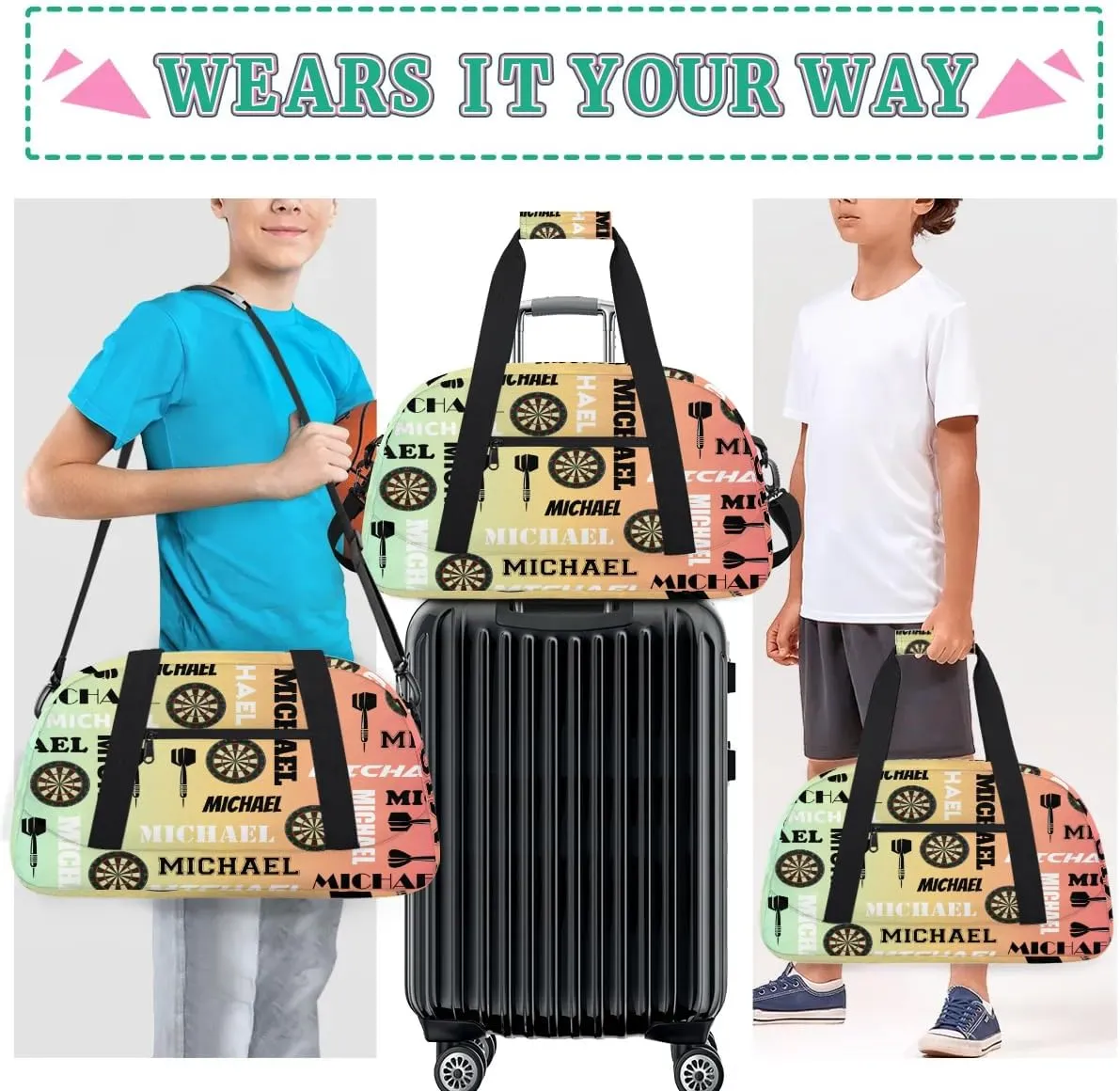 Custom Darts Gym Duffel Bag with Name, Personalized Name Sport Bag Overnight Bags Customized Travel Weekender Bag for Women Men, Colorful