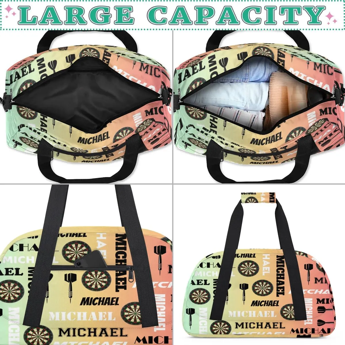 Custom Darts Gym Duffel Bag with Name, Personalized Name Sport Bag Overnight Bags Customized Travel Weekender Bag for Women Men, Colorful