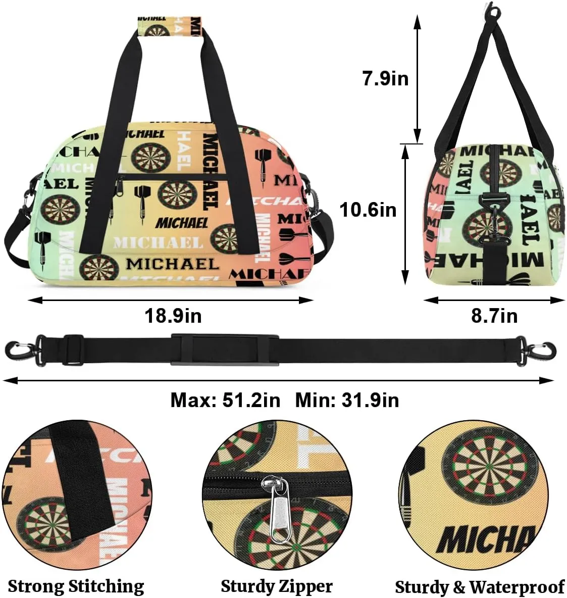 Custom Darts Gym Duffel Bag with Name, Personalized Name Sport Bag Overnight Bags Customized Travel Weekender Bag for Women Men, Colorful