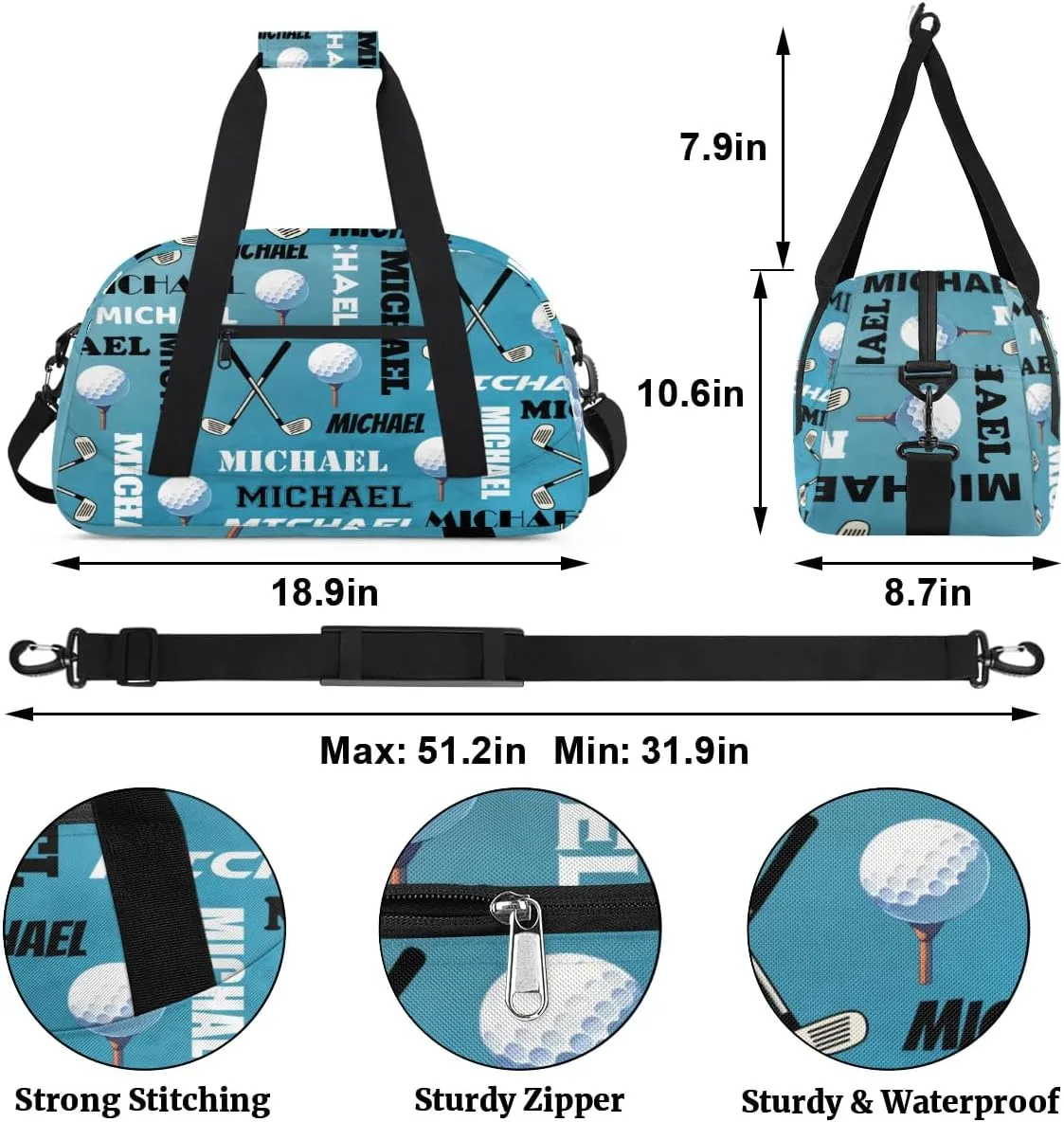 Custom Golf Gym Bag Duffel Bag for Women Men, Personalized Name Sport Bag Overnight Bags Customized Travel Weekender Bag, Dark Blue
