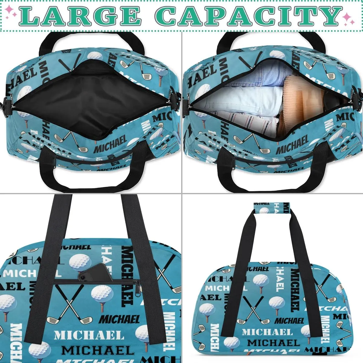 Custom Golf Gym Bag Duffel Bag for Women Men, Personalized Name Sport Bag Overnight Bags Customized Travel Weekender Bag, Dark Blue