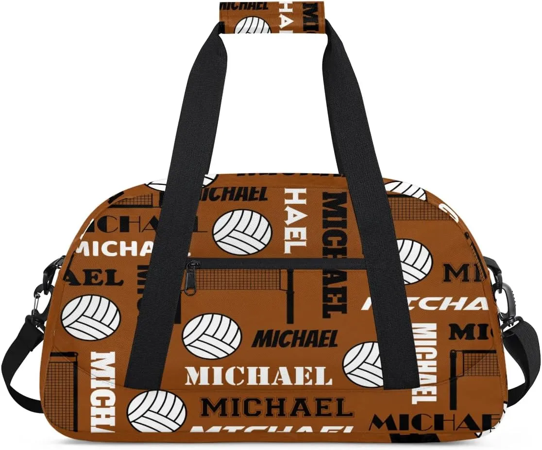 Custom Volleyball Gym Bag Duffel Bag for Women Men, Personalized Name Sport Bag Overnight Bags Customized Travel Weekender Bag, Brown
