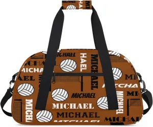 Custom Volleyball Gym Bag Duffel Bag for Women Men, Personalized Name Sport Bag Overnight Bags Customized Travel Weekender Bag, Brown