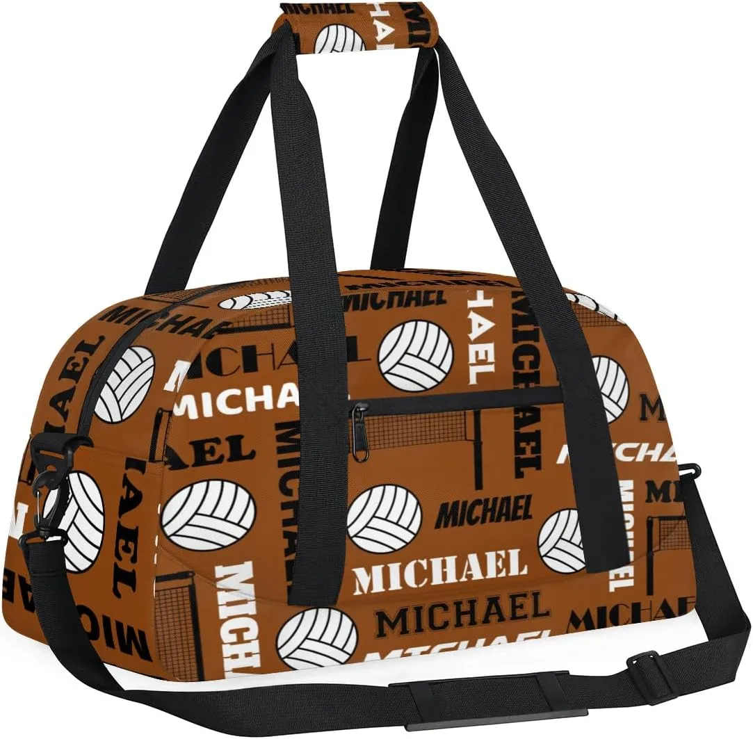 Custom Volleyball Gym Bag Duffel Bag for Women Men, Personalized Name Sport Bag Overnight Bags Customized Travel Weekender Bag, Brown