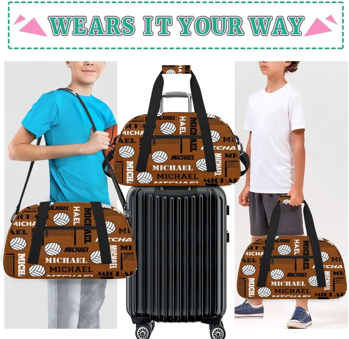 Custom Volleyball Gym Bag Duffel Bag for Women Men, Personalized Name Sport Bag Overnight Bags Customized Travel Weekender Bag, Brown