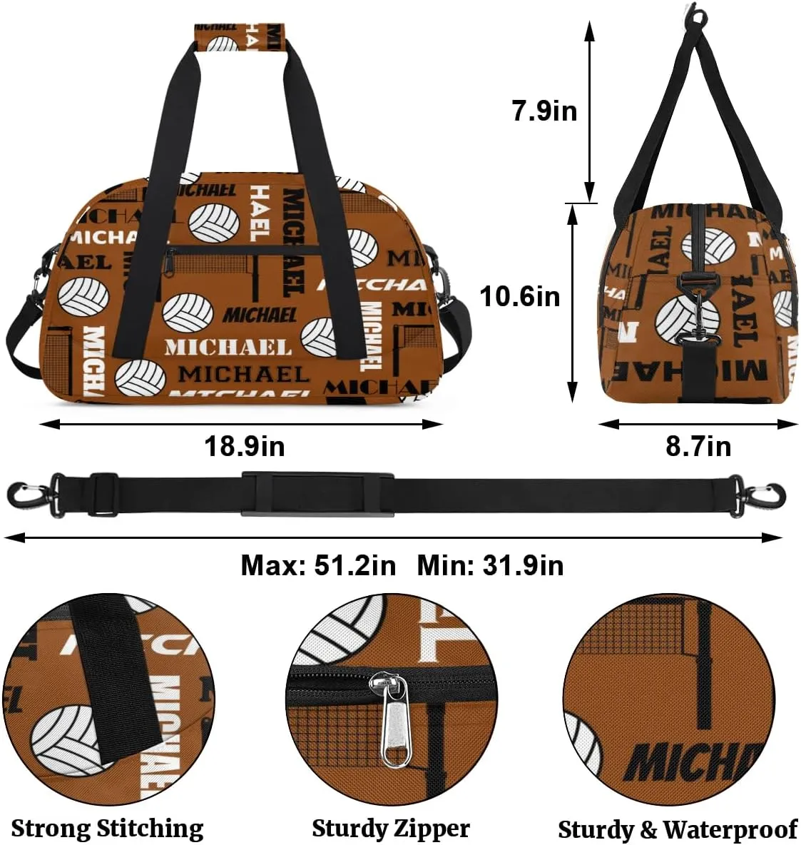 Custom Volleyball Gym Bag Duffel Bag for Women Men, Personalized Name Sport Bag Overnight Bags Customized Travel Weekender Bag, Brown
