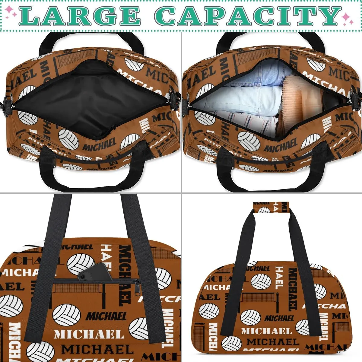 Custom Volleyball Gym Bag Duffel Bag for Women Men, Personalized Name Sport Bag Overnight Bags Customized Travel Weekender Bag, Brown