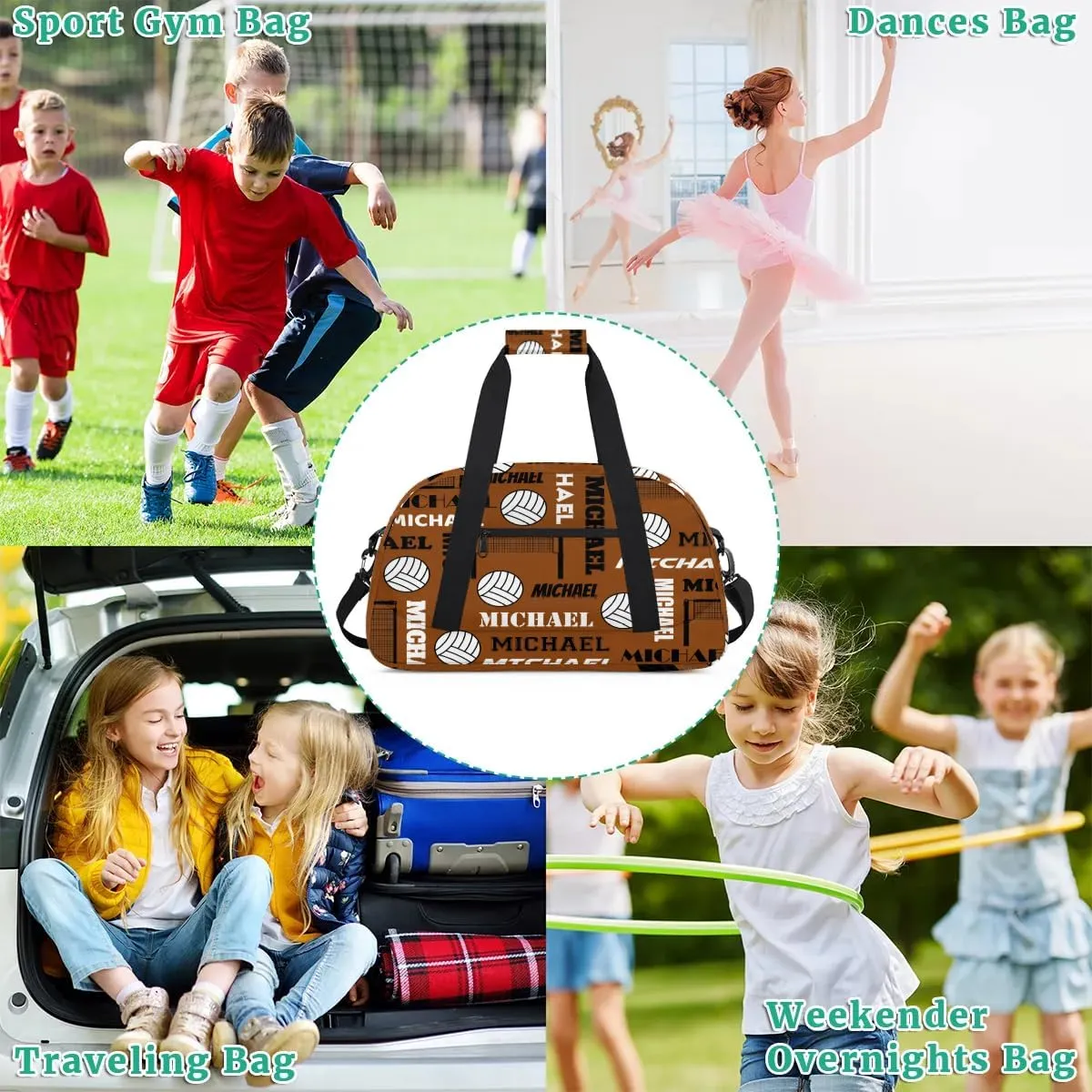 Custom Volleyball Gym Bag Duffel Bag for Women Men, Personalized Name Sport Bag Overnight Bags Customized Travel Weekender Bag, Brown