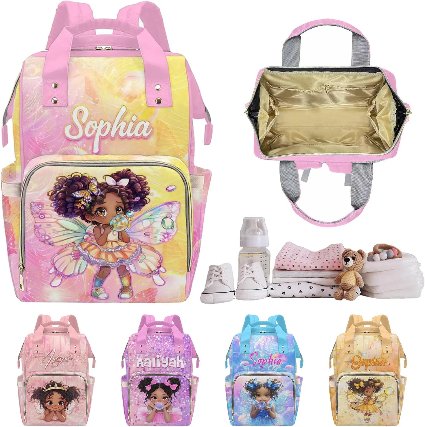 Customized Large Capacity Diaper Bags, Custom Cute Bubble-Blowing Girl Diaper Bags for Women Personalized Mommy Nursing Bags Casual Backpack for Women