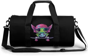 Cute Alien Skateboard Round Barrel Gym Sport Bag Small Travel Duffel Bags Reusable Tote for Men Women