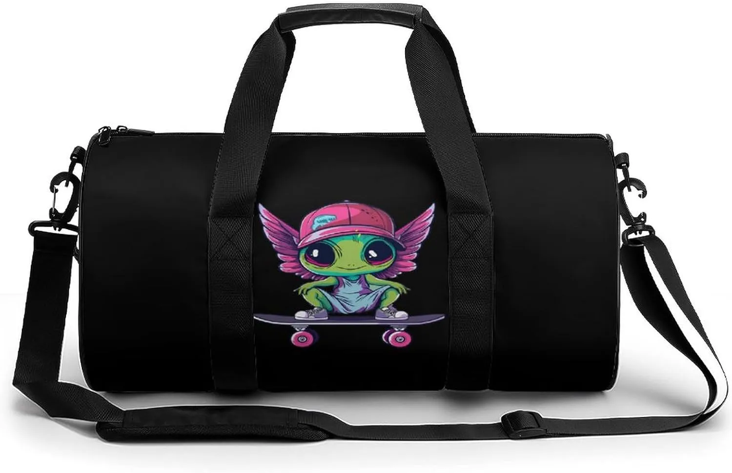 Cute Alien Skateboard Round Barrel Gym Sport Bag Small Travel Duffel Bags Reusable Tote for Men Women
