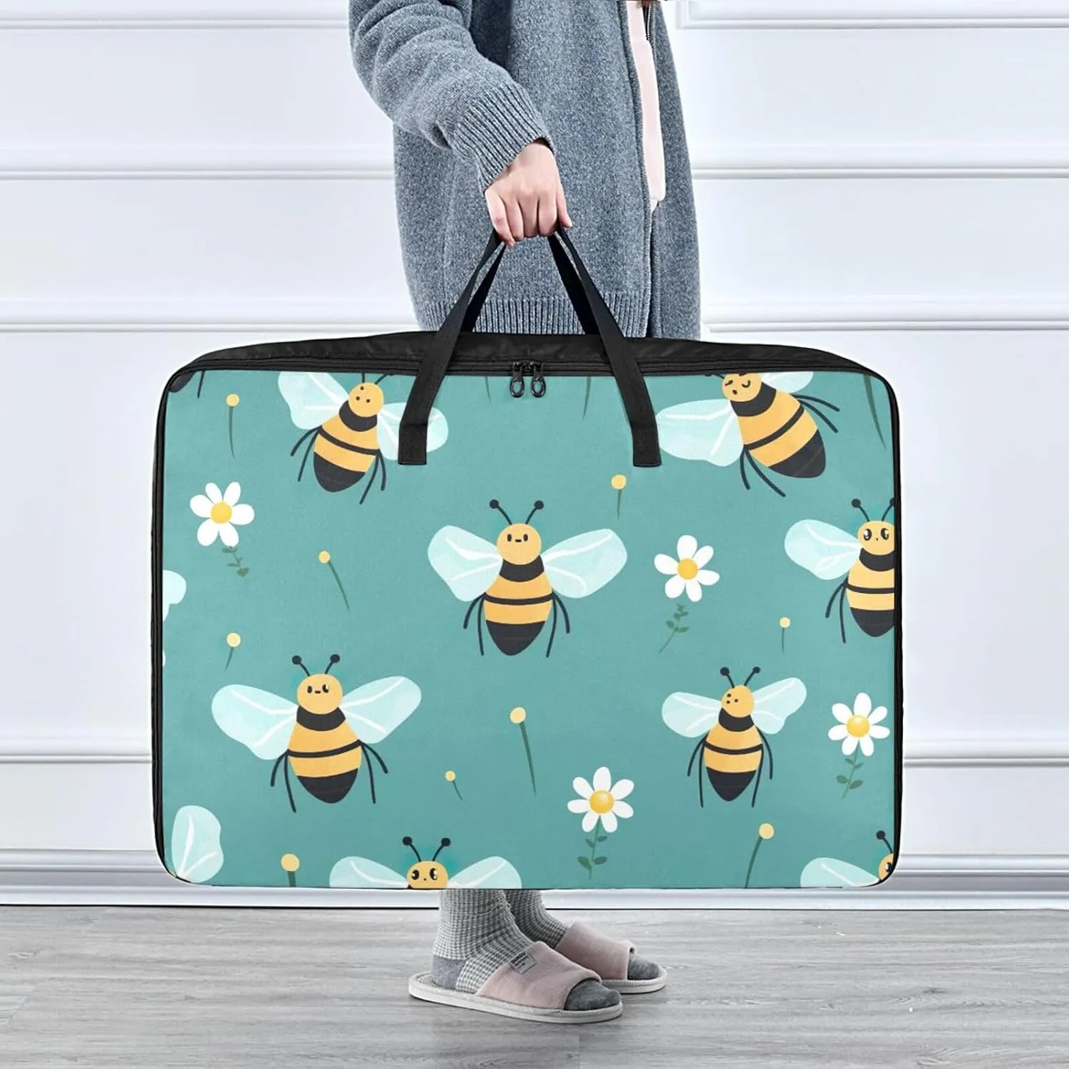 Cute Bees Storage Bags Extra Large Moving Bags with Strong Zippers and Carrying Handles, Zippered Storage Bag for Closet Comforter, Pillow, Quilt