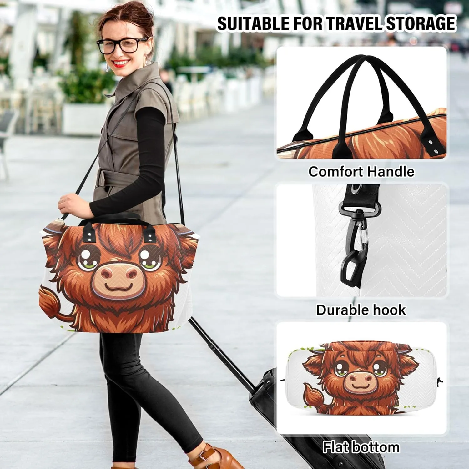 Cute Cartoon Highland Cattle Duffle Travel Bags Toiletry Pouches Set of 2, Decorative Womens Gym Duffle Bag Duffle Carry on Bag