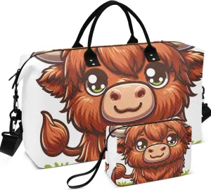 Cute Cartoon Highland Cattle Duffle Travel Bags Toiletry Pouches Set of 2, Decorative Womens Gym Duffle Bag Duffle Carry on Bag