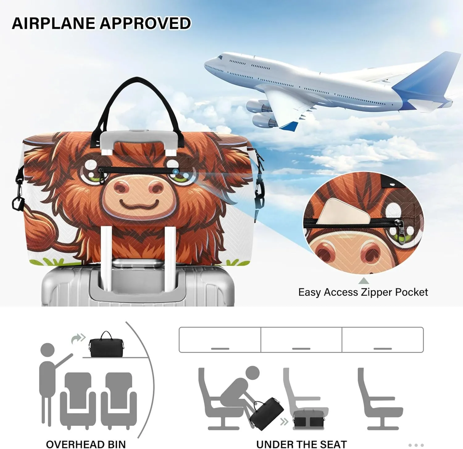 Cute Cartoon Highland Cattle Duffle Travel Bags Toiletry Pouches Set of 2, Decorative Womens Gym Duffle Bag Duffle Carry on Bag