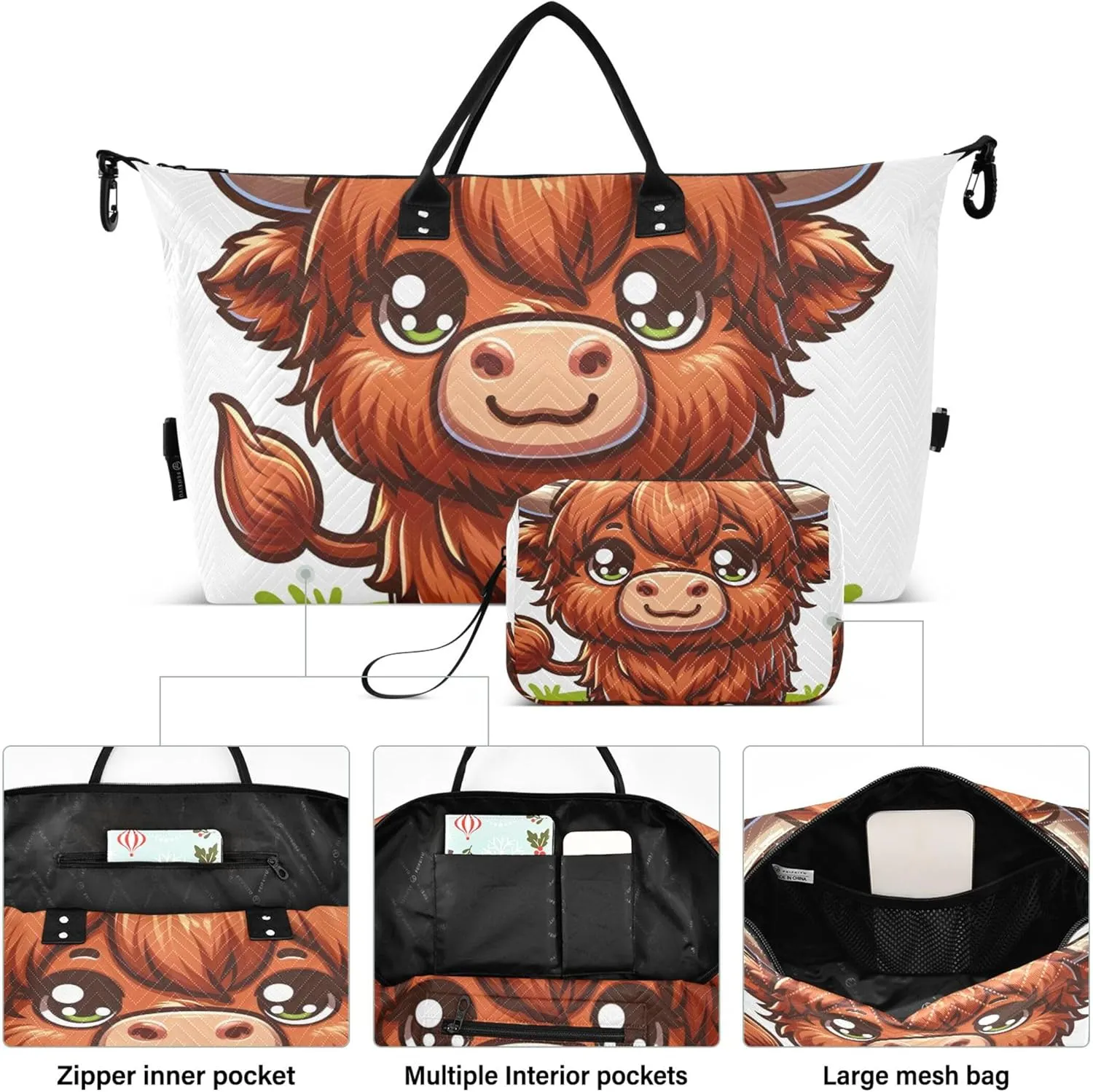 Cute Cartoon Highland Cattle Duffle Travel Bags Toiletry Pouches Set of 2, Decorative Womens Gym Duffle Bag Duffle Carry on Bag