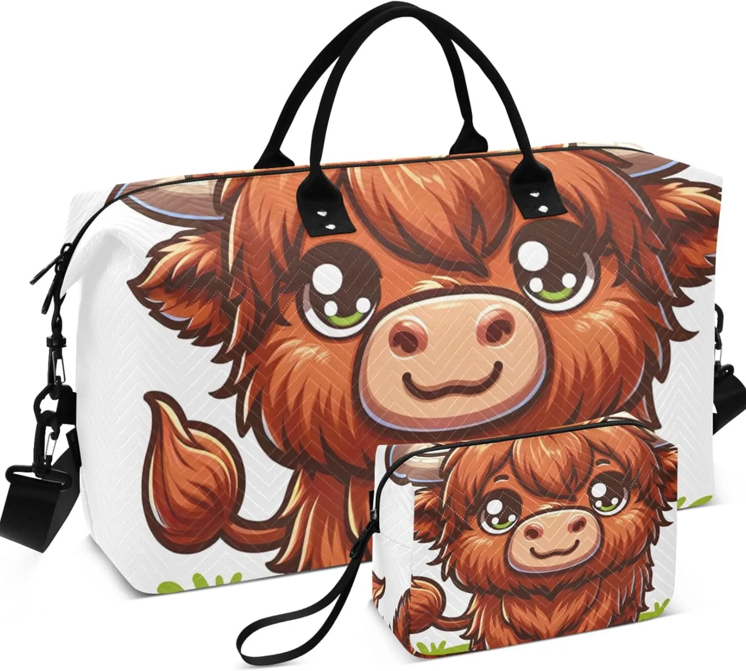 Cute Cartoon Highland Cattle Duffle Travel Bags Toiletry Pouches Set of 2, Decorative Womens Gym Duffle Bag Duffle Carry on Bag