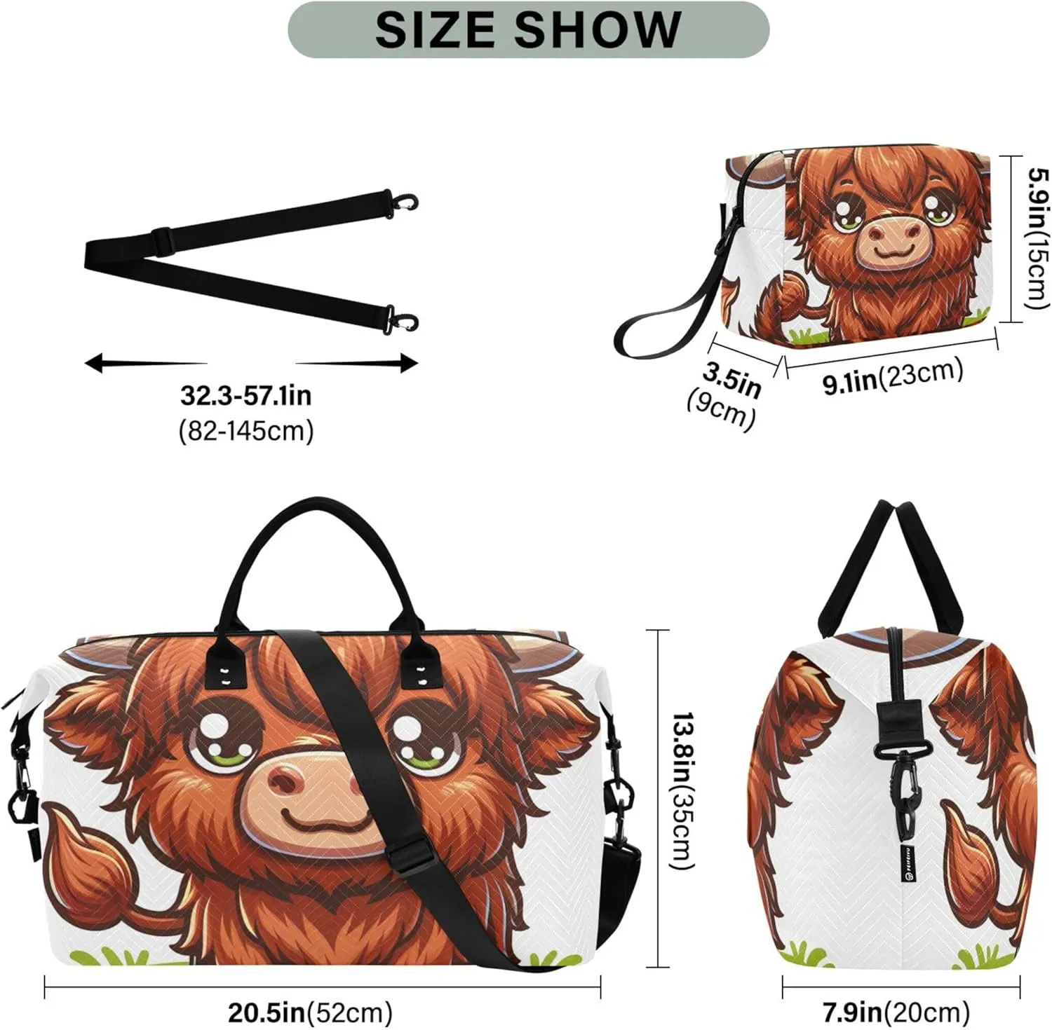 Cute Cartoon Highland Cattle Duffle Travel Bags Toiletry Pouches Set of 2, Decorative Womens Gym Duffle Bag Duffle Carry on Bag