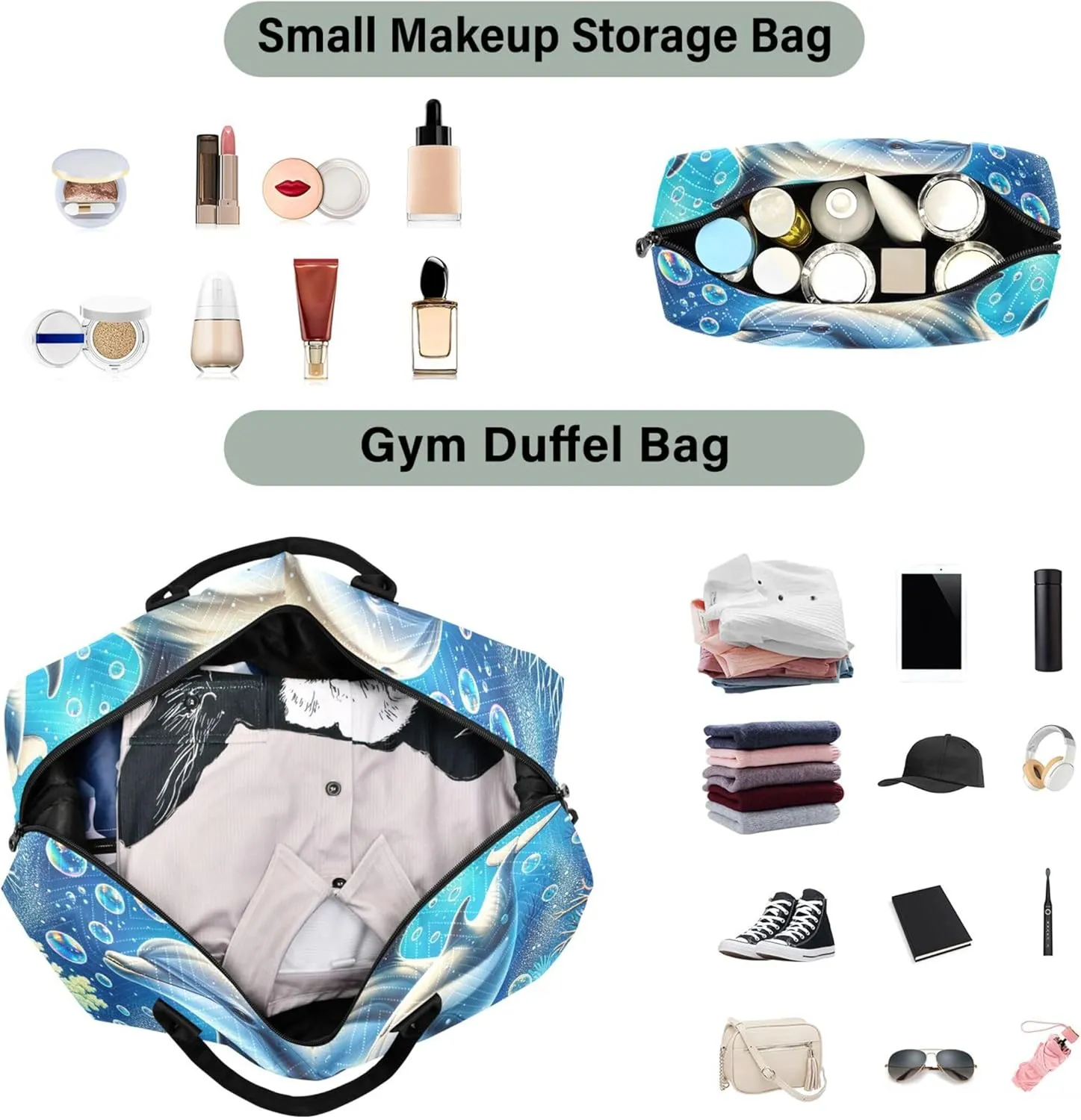 Cute Dolphins Bubbles Seabed Duffel Bag Womens Cosmetic Bags Set of 2, Print Women Sports Bag Duffle Carry on Bag