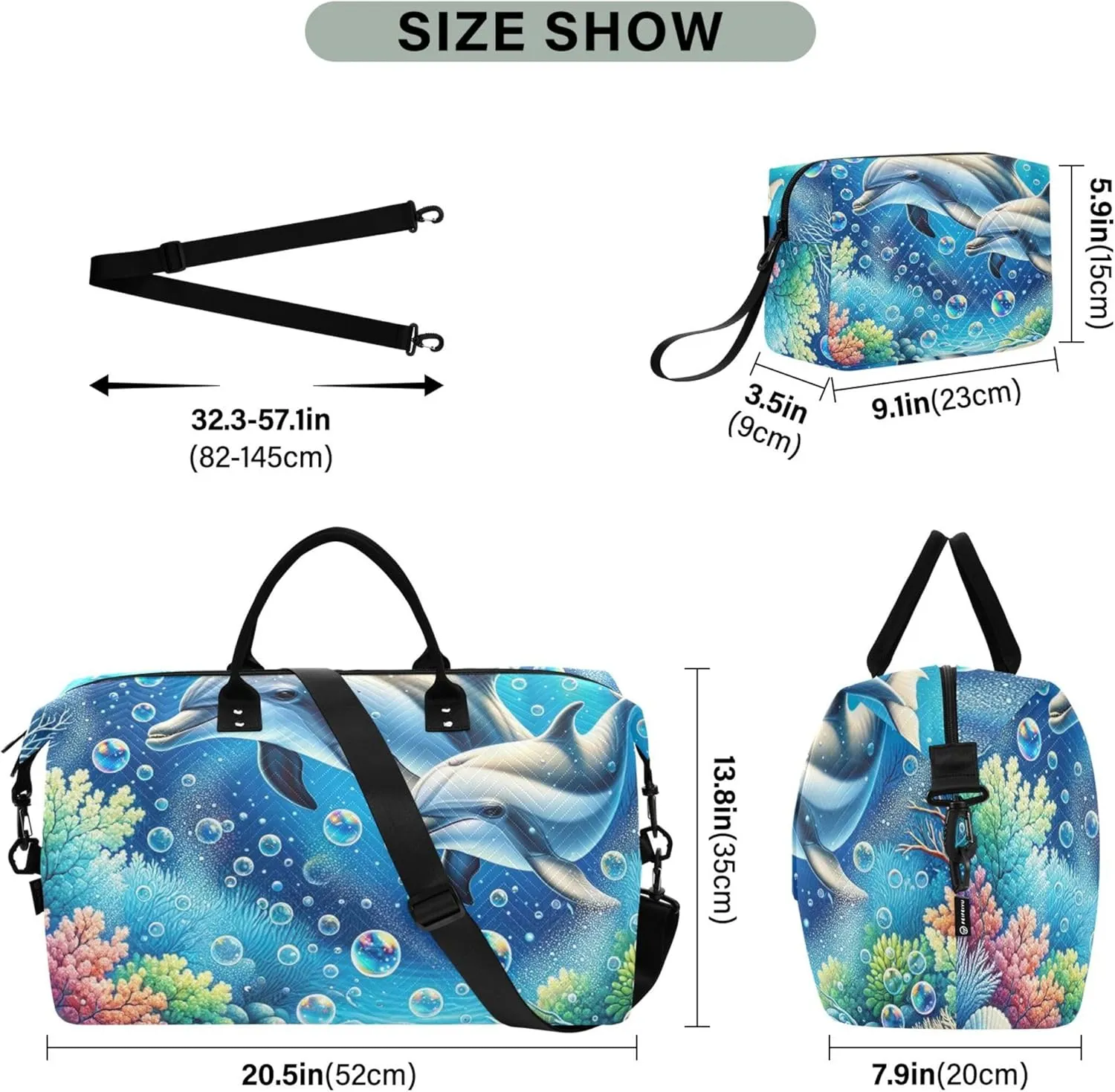 Cute Dolphins Bubbles Seabed Duffel Bag Womens Cosmetic Bags Set of 2, Print Women Sports Bag Duffle Carry on Bag