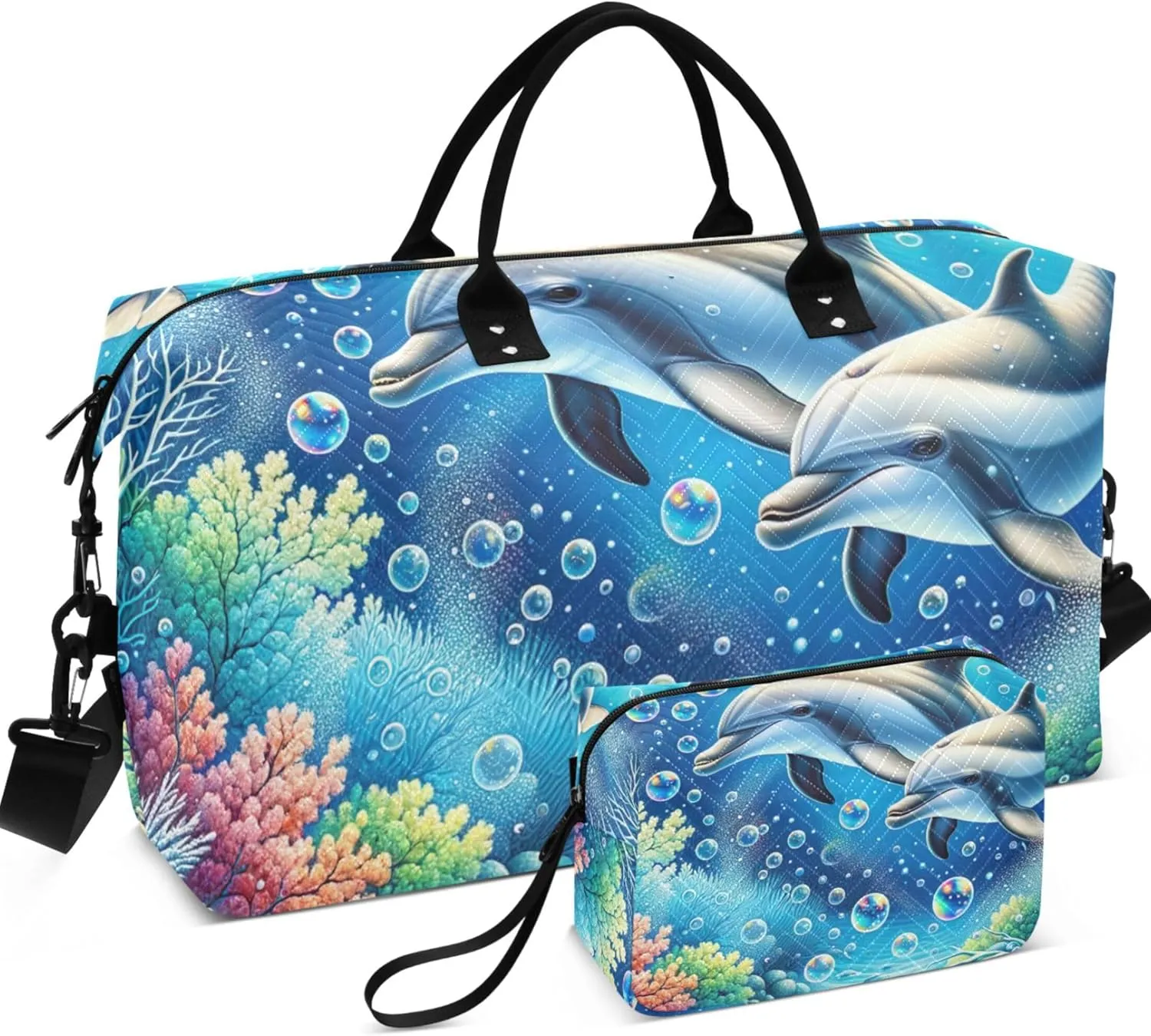 Cute Dolphins Bubbles Seabed Duffel Bag Womens Cosmetic Bags Set of 2, Print Women Sports Bag Duffle Carry on Bag