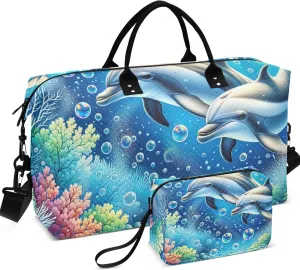 Cute Dolphins Bubbles Seabed Duffel Bag Womens Cosmetic Bags Set of 2, Print Women Sports Bag Duffle Carry on Bag