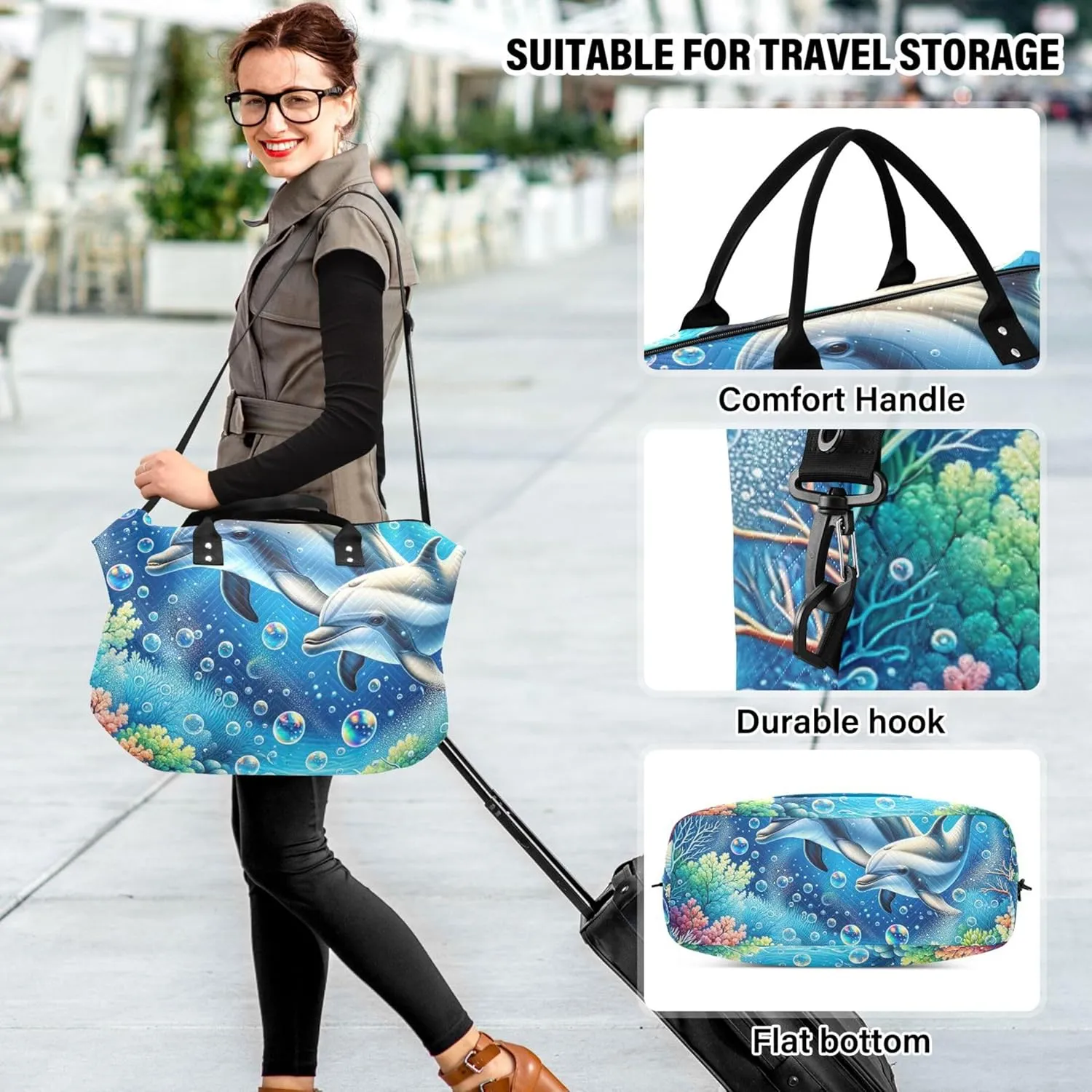 Cute Dolphins Bubbles Seabed Duffel Bag Womens Cosmetic Bags Set of 2, Print Women Sports Bag Duffle Carry on Bag