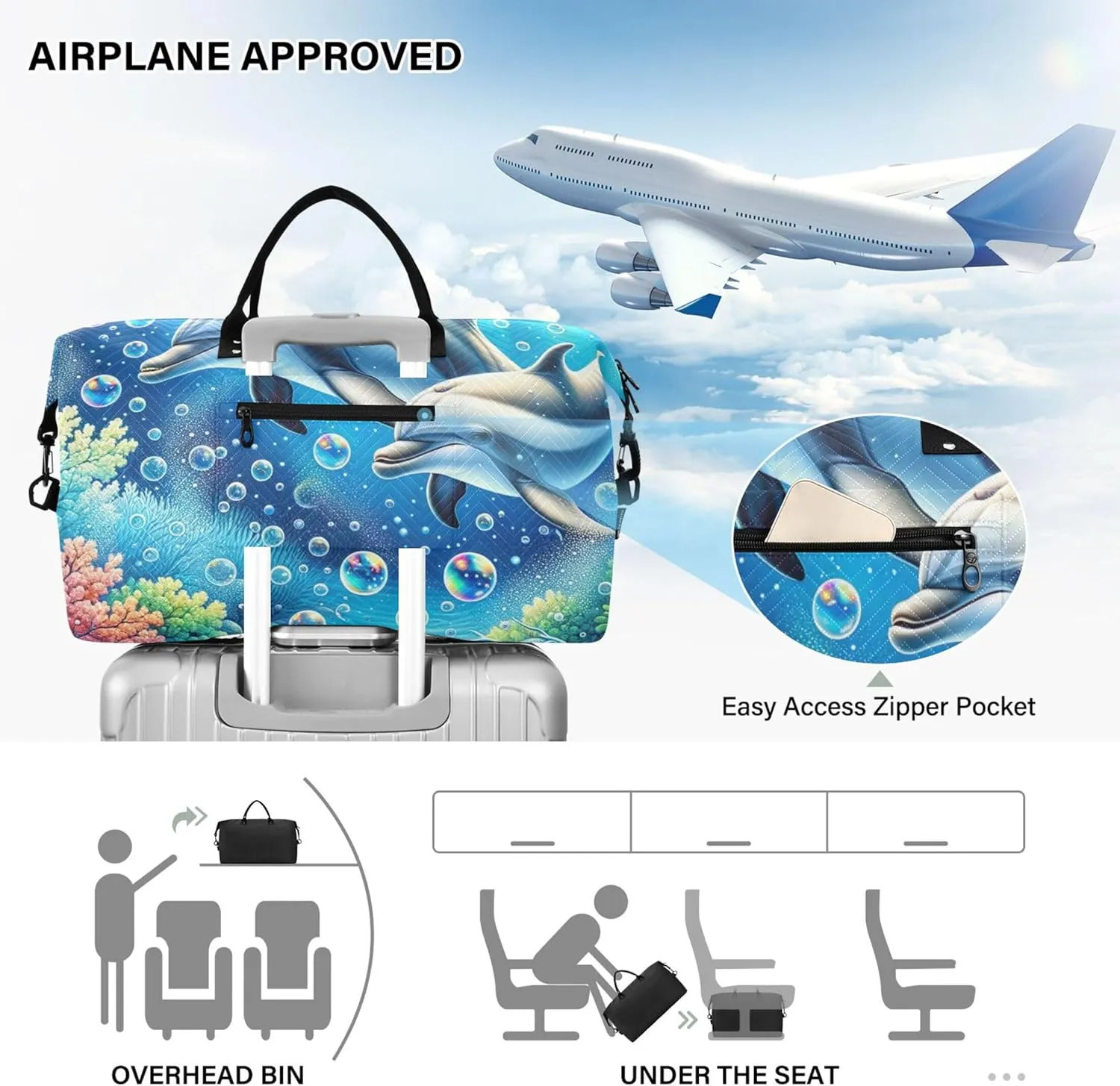 Cute Dolphins Bubbles Seabed Duffel Bag Womens Cosmetic Bags Set of 2, Print Women Sports Bag Duffle Carry on Bag