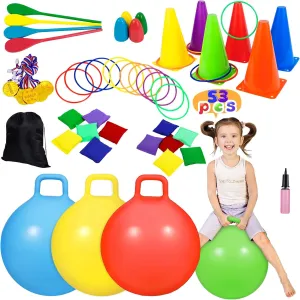 CWLAKON 53Pcs Carnival Outdoor Games Combo Set, Hopper Balls for Kids, Soft Plastic Cones Bean Bags Ring Toss Game, Egg Spoon Relay Race, Field Day Family Reunion Outside Yard Lawn 4th of July Games