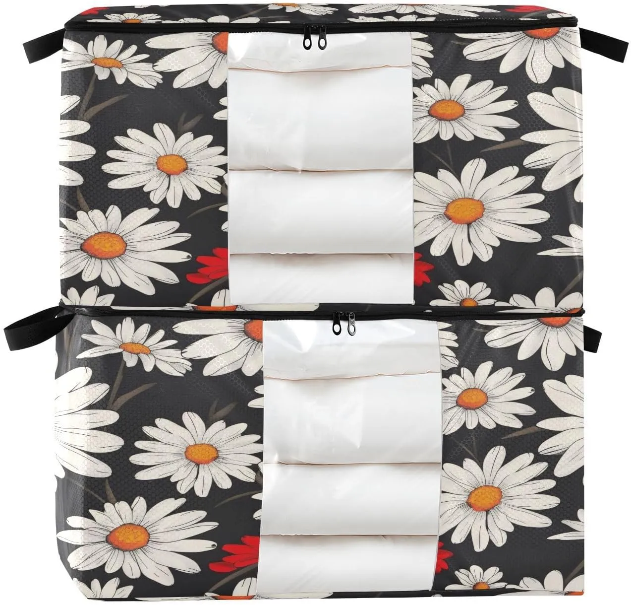 Daisy Flower Pattern Clothes Storage Bags 60L Large Closet Organizer Bags 2-Pack, Zippered, Foldable with Clear Window & Handles - Ideal for Comforters, Blankets