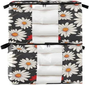 Daisy Flower Pattern Clothes Storage Bags 60L Large Closet Organizer Bags 2-Pack, Zippered, Foldable with Clear Window & Handles - Ideal for Comforters, Blankets