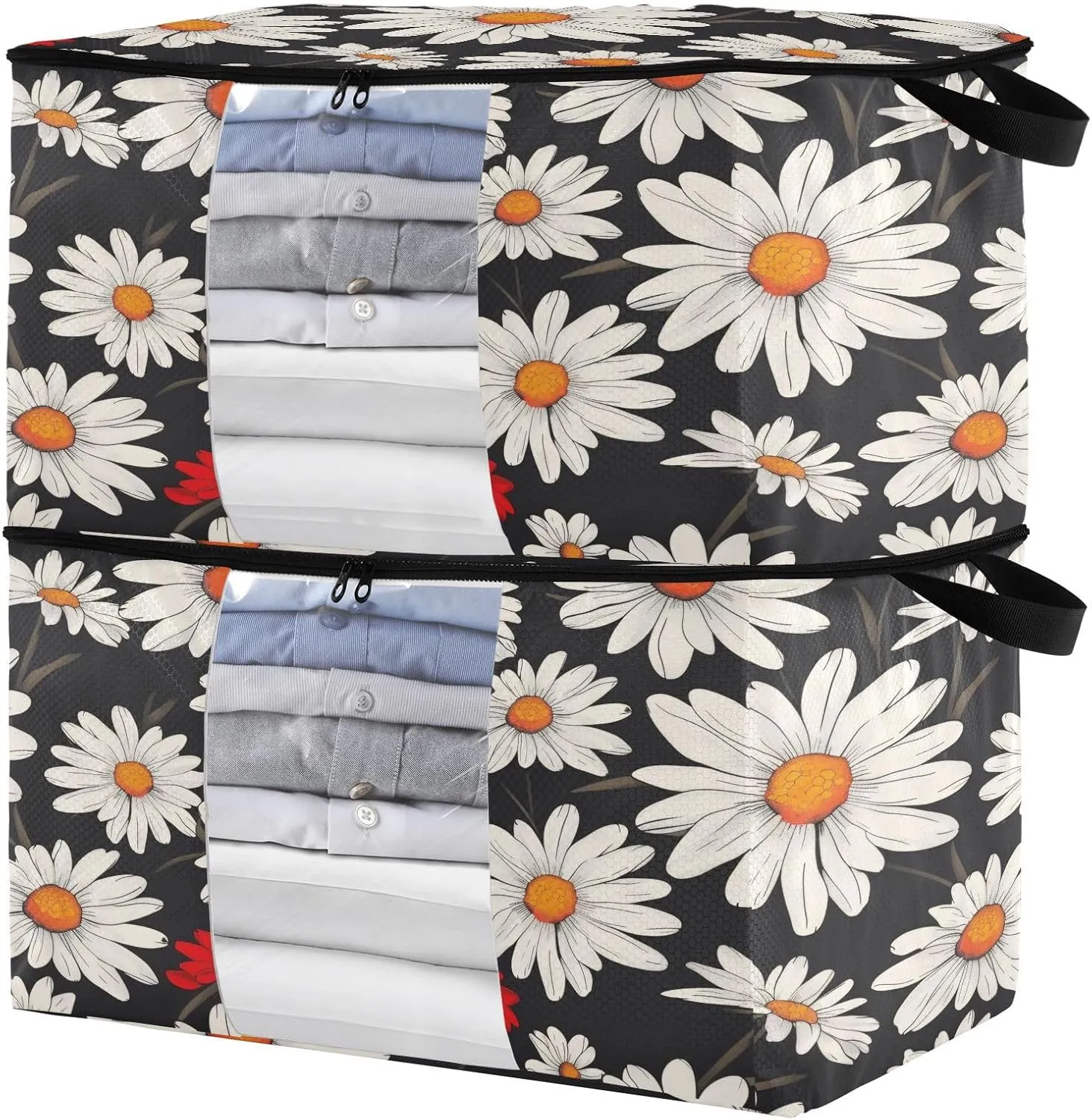 Daisy Flower Pattern Clothes Storage Bags 60L Large Closet Organizer Bags 2-Pack, Zippered, Foldable with Clear Window & Handles - Ideal for Comforters, Blankets