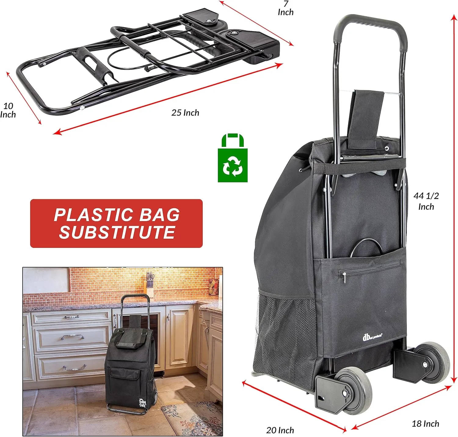 dbest products Trolley Dolly Compact, Black Foldable Shopping cart for Groceries with Wheels and Removable Bag and Rolling Personal Tote Handtruck Standard