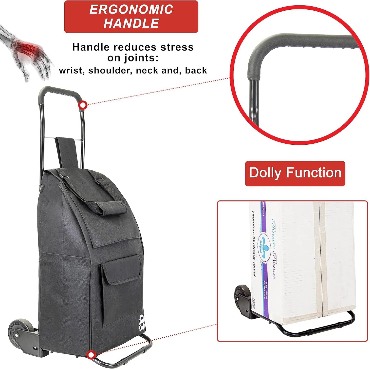 dbest products Trolley Dolly Compact, Black Foldable Shopping cart for Groceries with Wheels and Removable Bag and Rolling Personal Tote Handtruck Standard