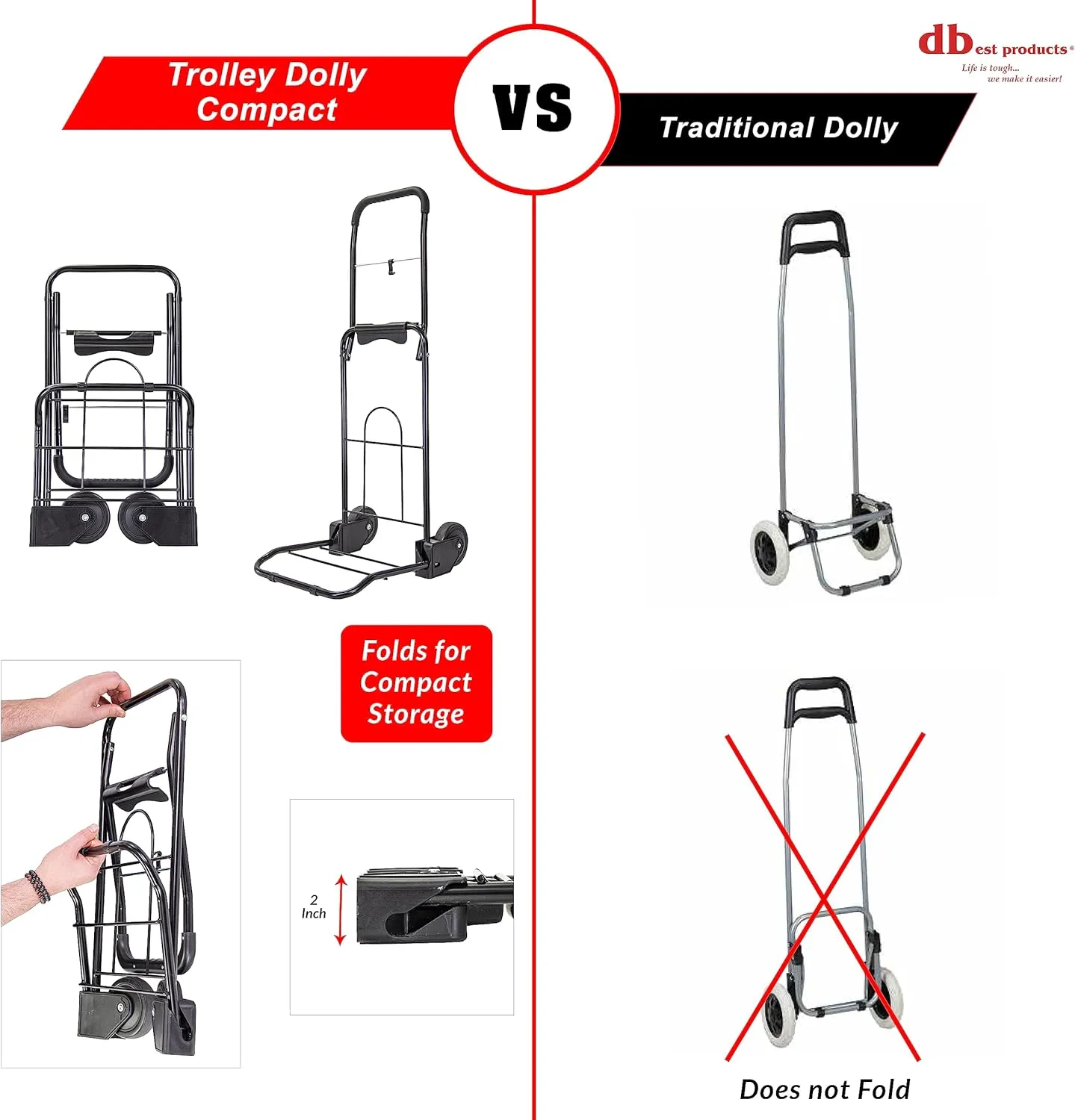 dbest products Trolley Dolly Compact, Black Foldable Shopping cart for Groceries with Wheels and Removable Bag and Rolling Personal Tote Handtruck Standard
