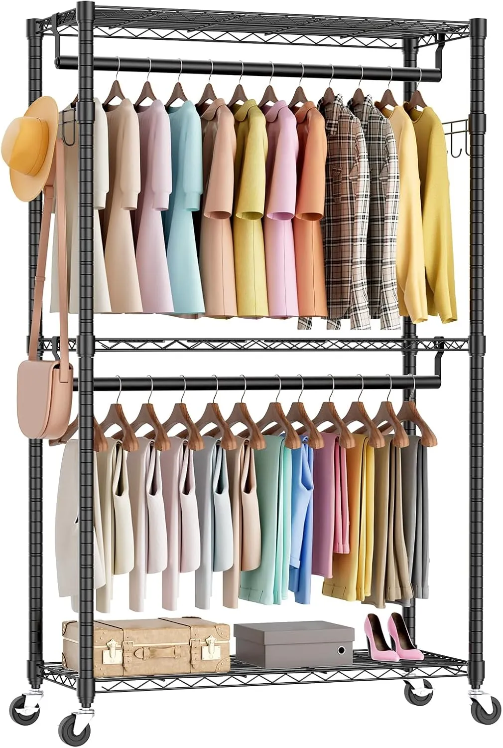 Declutter Your Space with Adjustable Rolling Clothes Rack, Heavy Duty 3-Tier Shelving with Wheels, Freestanding Closet Organizer, Black